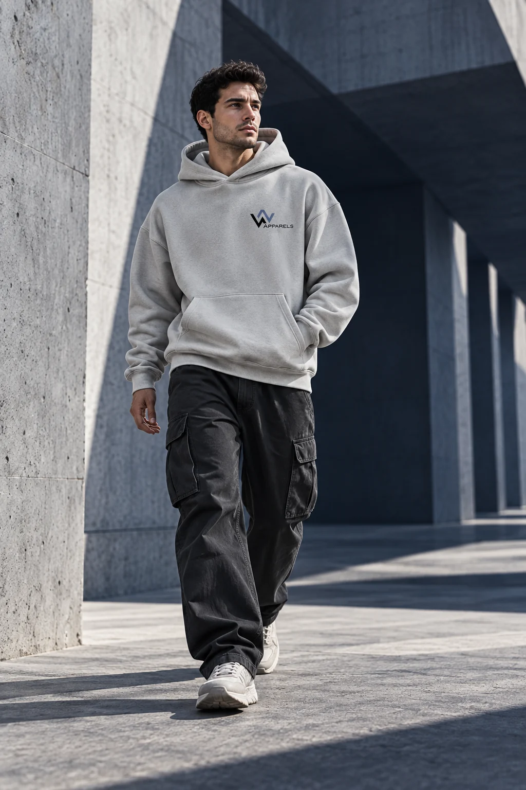 Stone-grey WhatsNext hoodie styled with dark relaxed trousers — streetwear concept