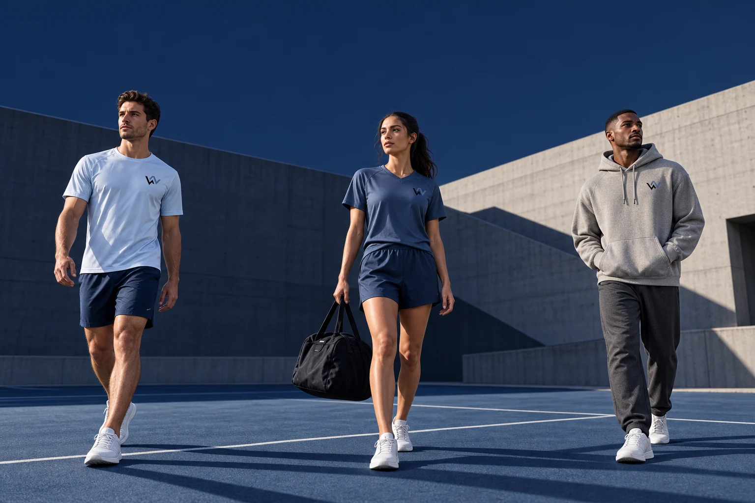 Three models wearing sportswear, teamwear and streetwear concepts in the WhatsNext palette