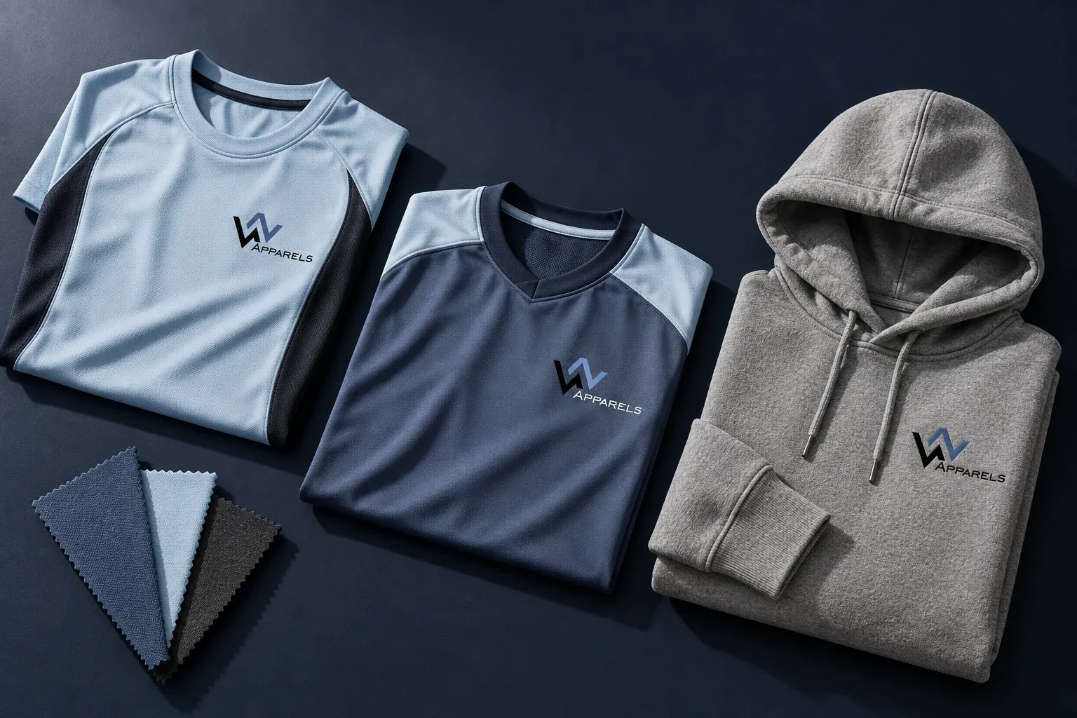 Flat lay of a WhatsNext jersey, training top and hoodie with fabric swatches