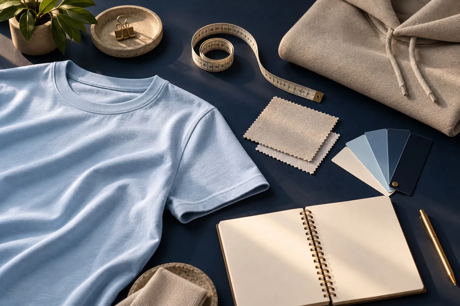 Pale blue tee, sand hoodie, fabric swatches, a tape measure and an open notebook on a navy desk
