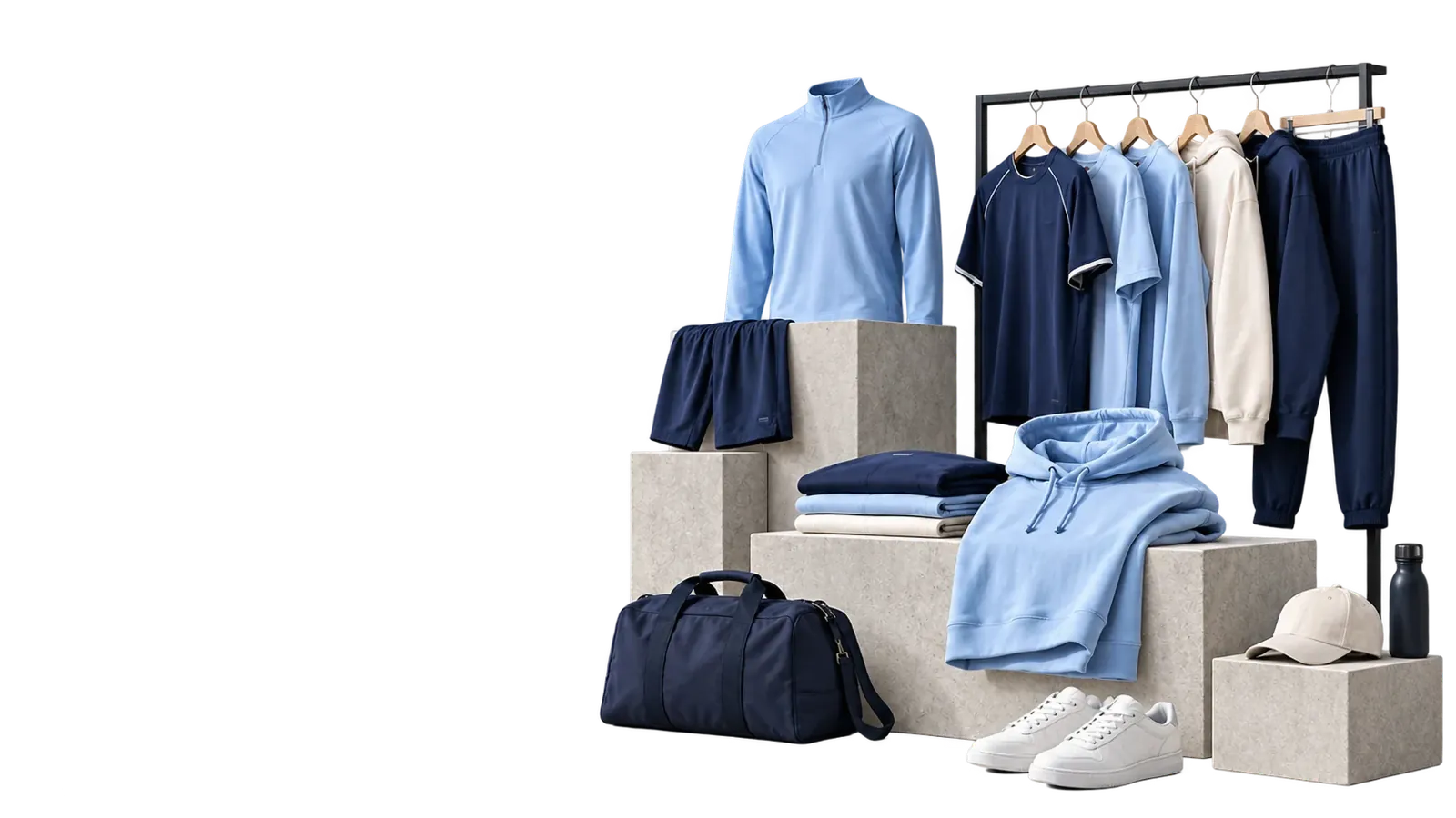 WhatsNext training top, jersey, hoodie, joggers and kit bag arranged on concrete plinths