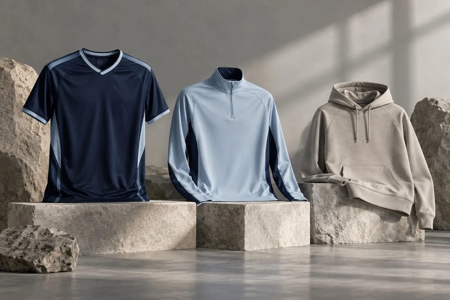 Navy jersey, sky-blue quarter-zip and sand hoodie on concrete plinths
