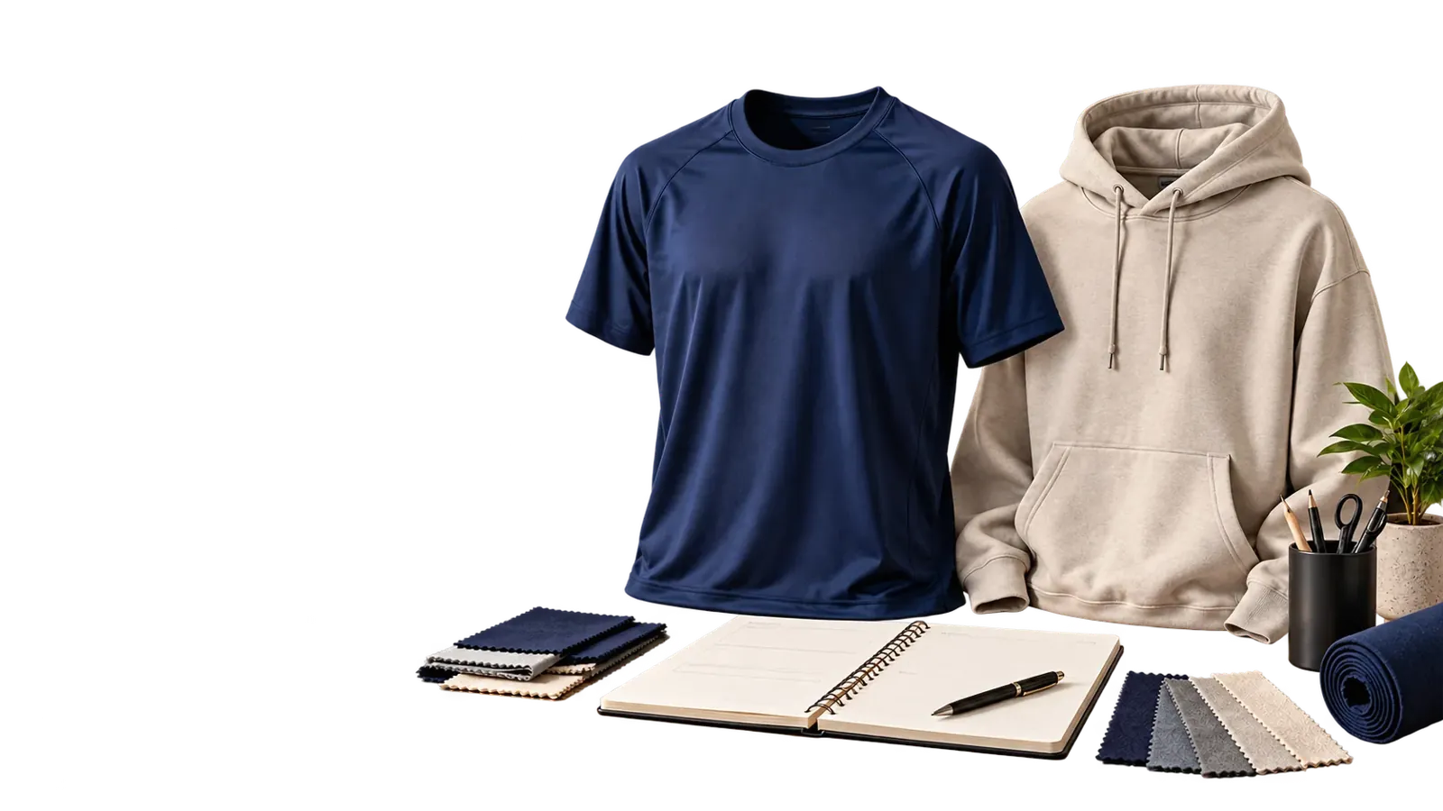 Navy WhatsNext tee and sand hoodie with a notebook, pen and fabric swatches