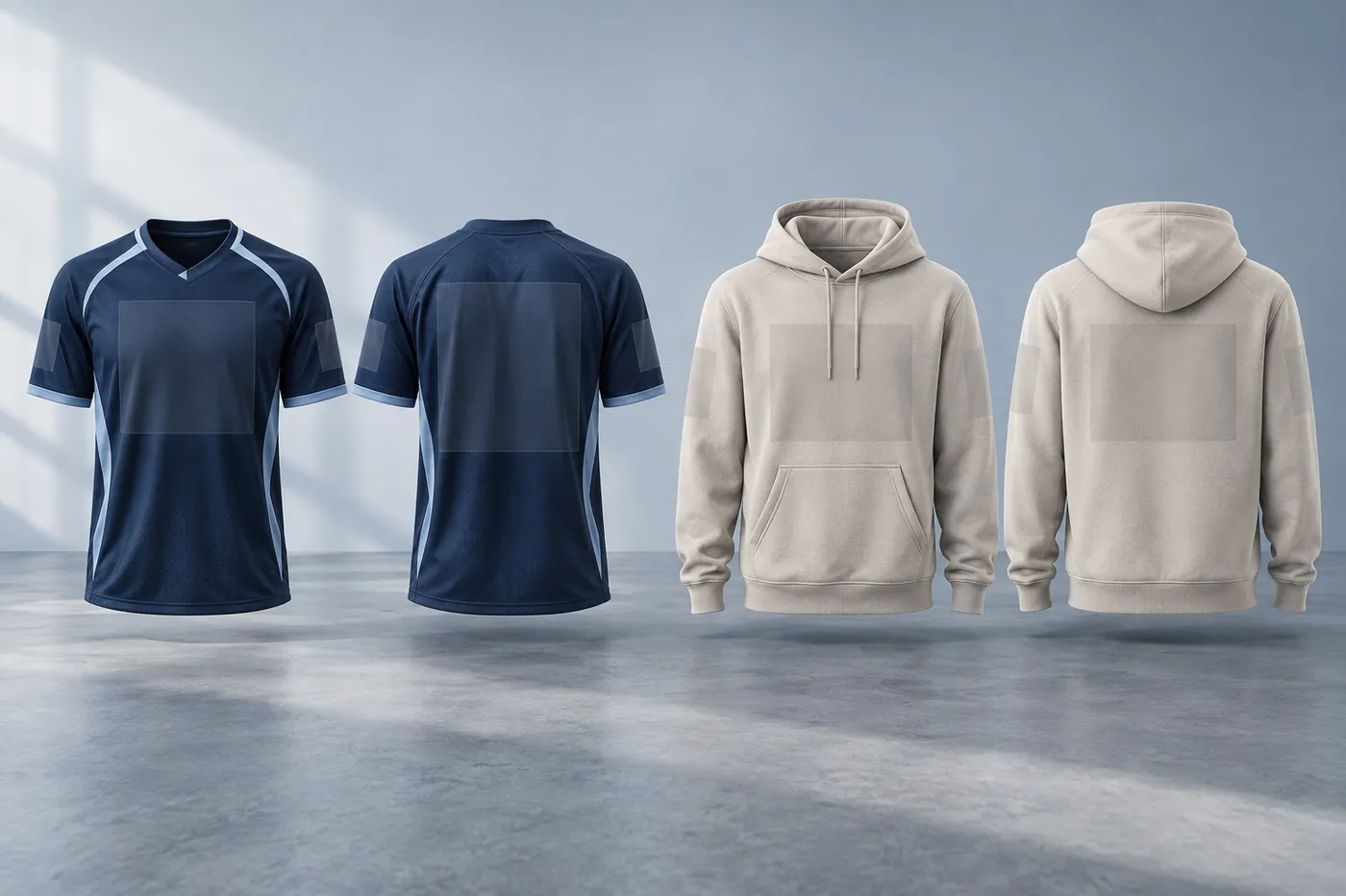 Navy jersey and stone hoodie shown from the front and the back