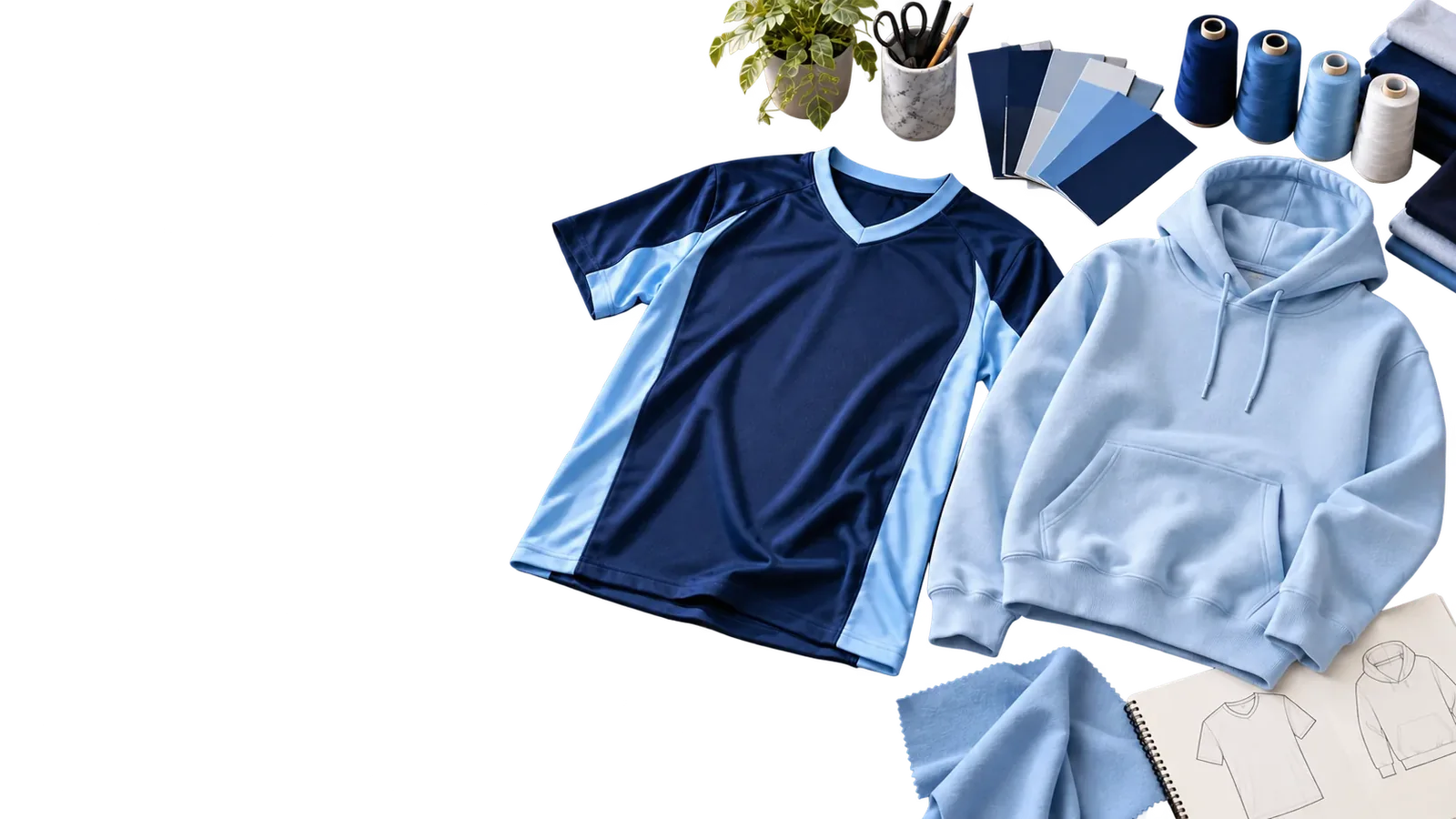 Navy and sky-blue jersey and a sky-blue hoodie laid on a table with thread, swatches and sketches