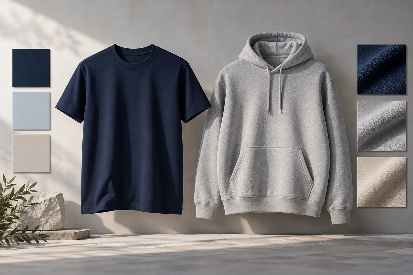 Navy tee and grey hoodie on a concrete wall beside fabric swatches