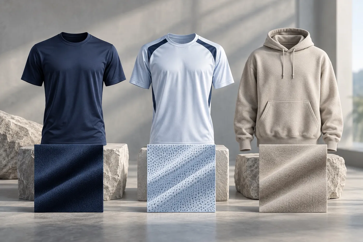 A navy tee, a sky-blue jersey and a stone hoodie, each standing above its own fabric swatch