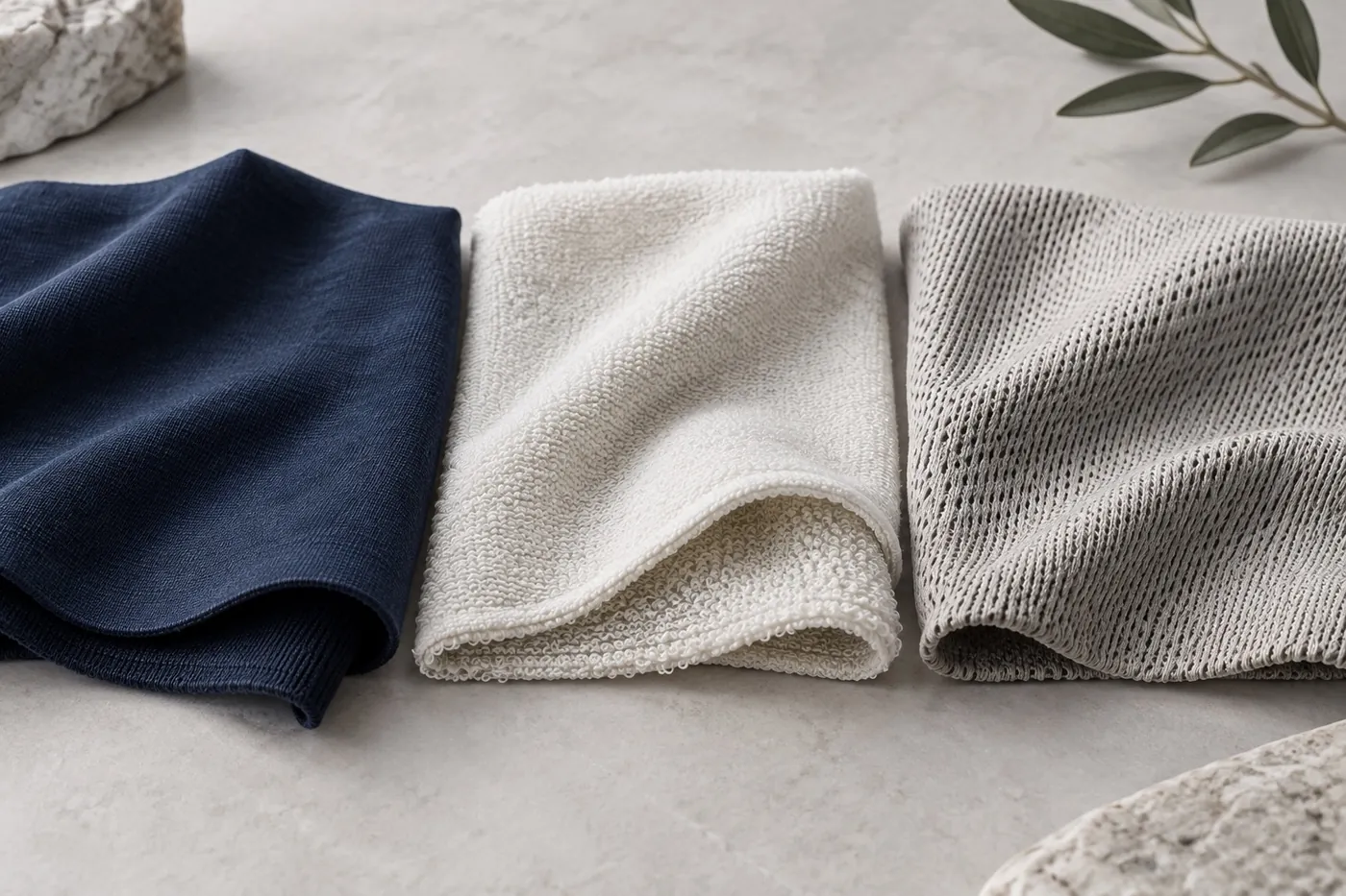 Three folded fabrics side by side: navy knit, white terry and grey mesh