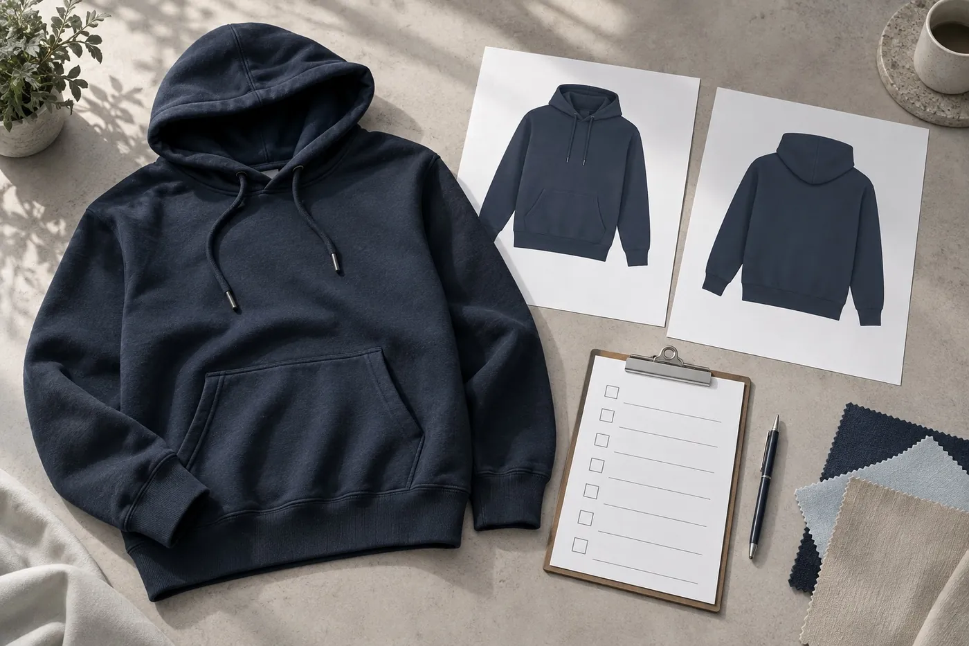 Navy hoodie beside its front and back sketches, a checklist and fabric swatches