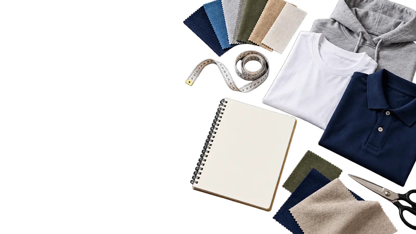 Flat lay of a navy polo, white tee, grey hoodie, fabric swatches, a tape measure and a notebook