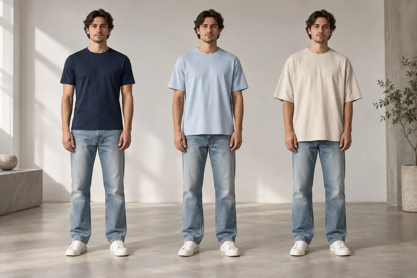 The same man in a regular navy tee, a relaxed sky-blue tee and an oversized stone tee