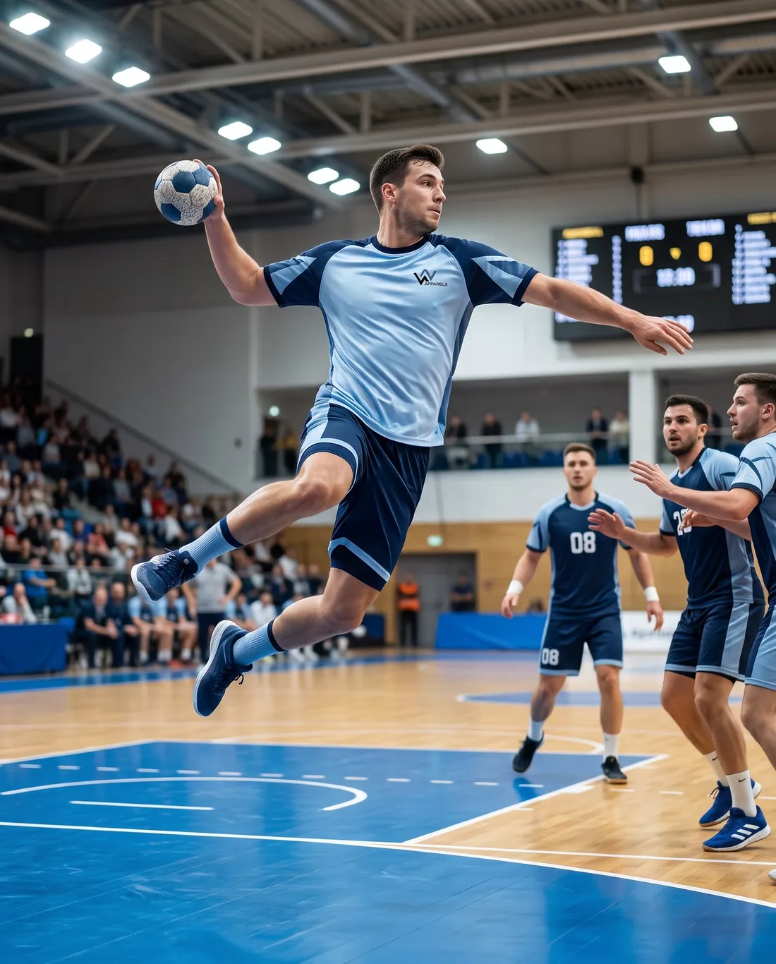 Handballspieler im hellblau-marineblauen Trikot beim Wurf in der Halle