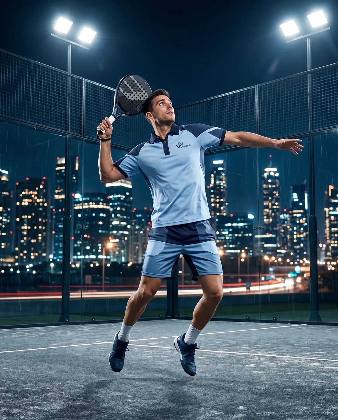 Padel player in a sky-blue and navy polo hitting a smash on a glass-walled court at night