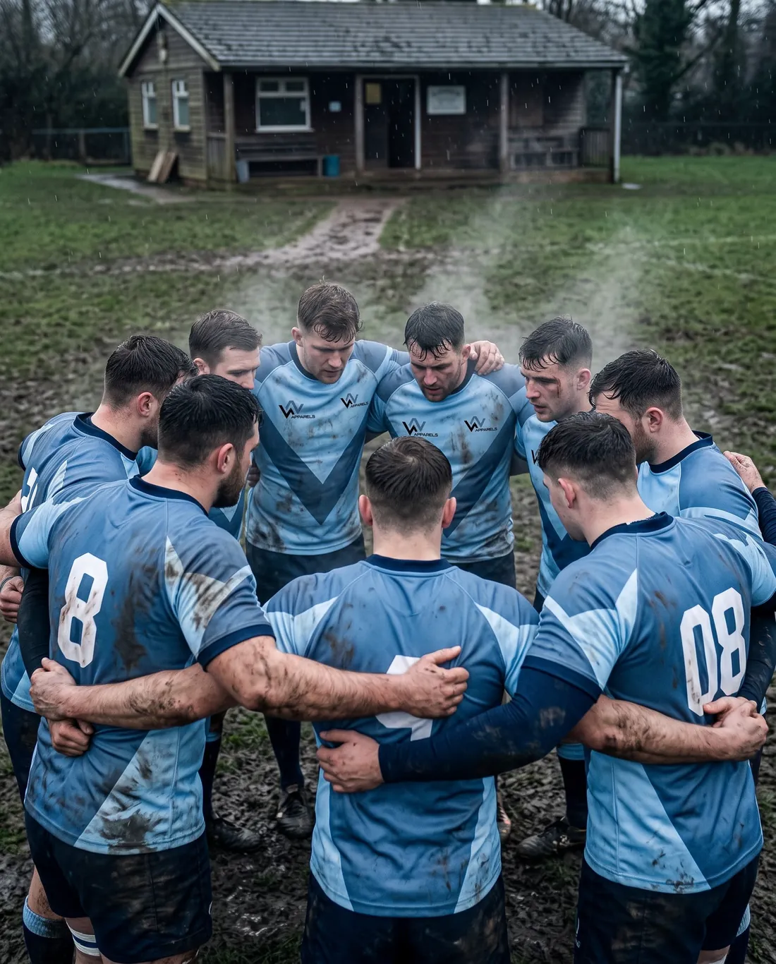 Rugby team in sky-blue and navy jerseys in a huddle in light drizzle
