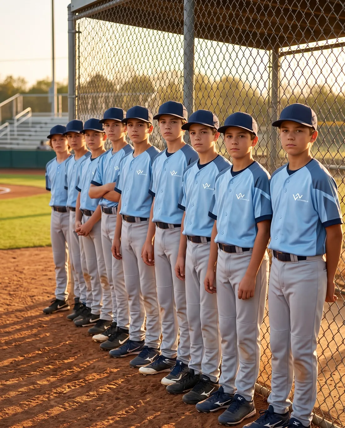 Youth baseball team in sky-blue WhatsNext jerseys along a dugout fence