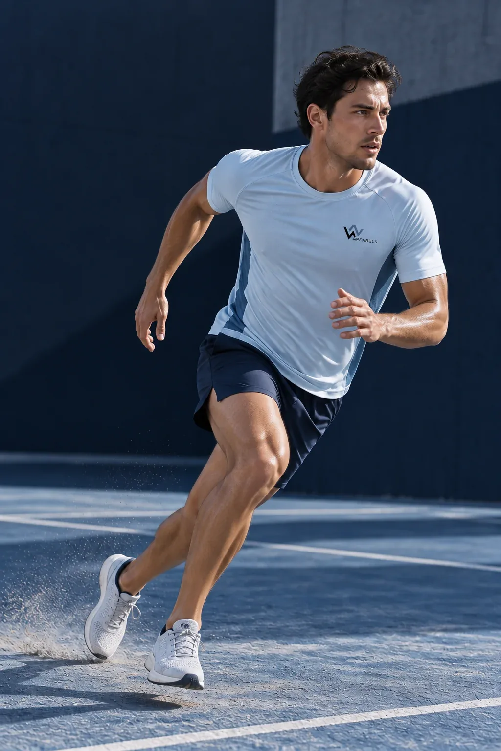 Runner in a sky-blue WhatsNext training tee