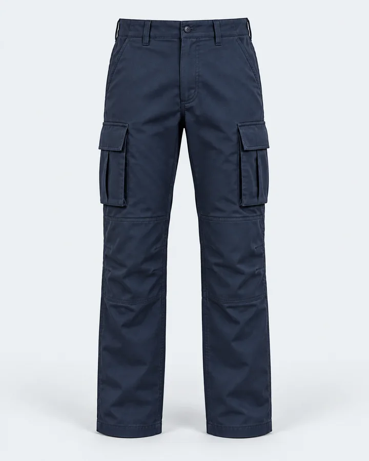 Navy cargo trousers with flap pockets on both thighs