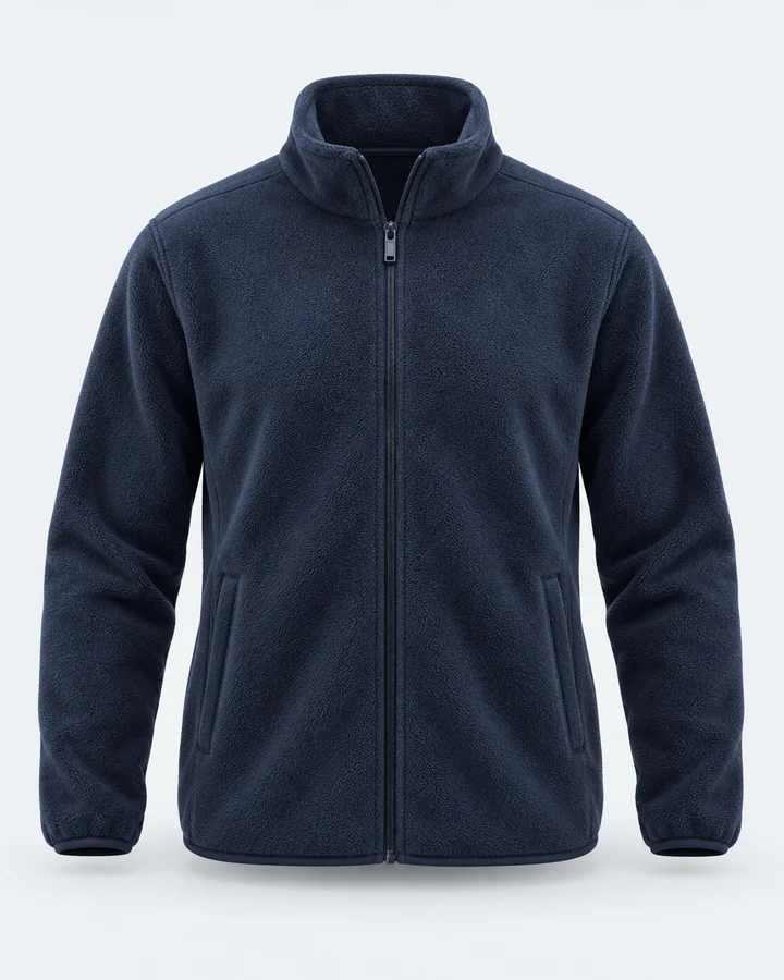 Navy full-zip fleece midlayer with a stand collar
