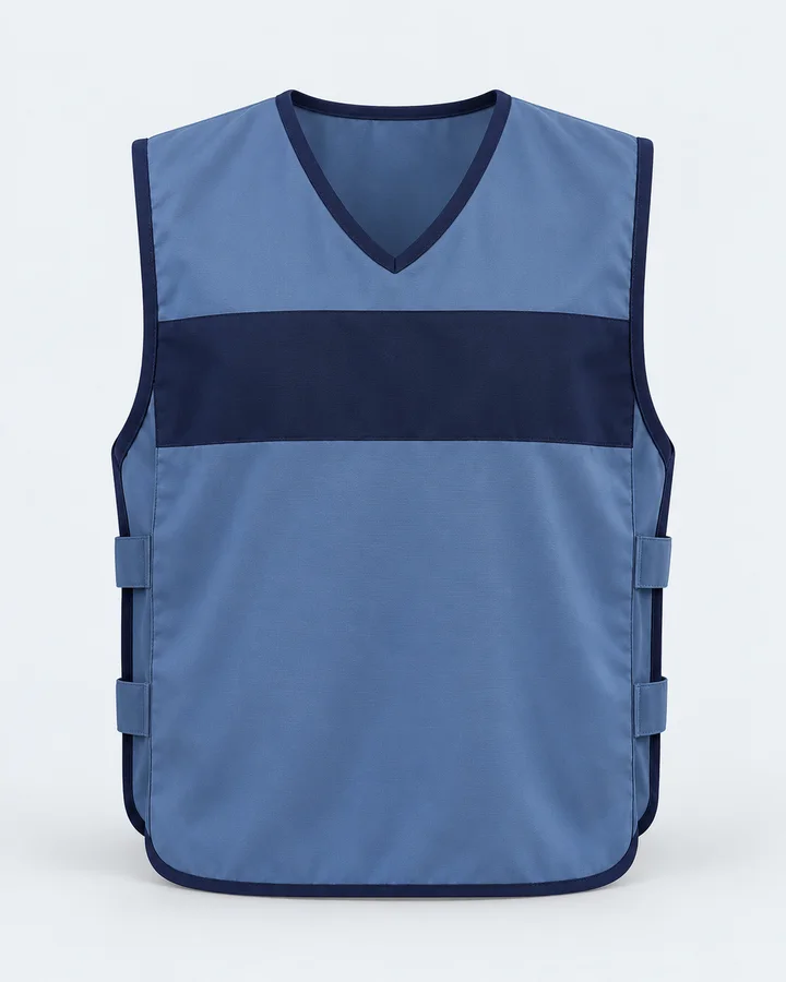 Sky-blue fabric tabard with a navy identification band and side straps