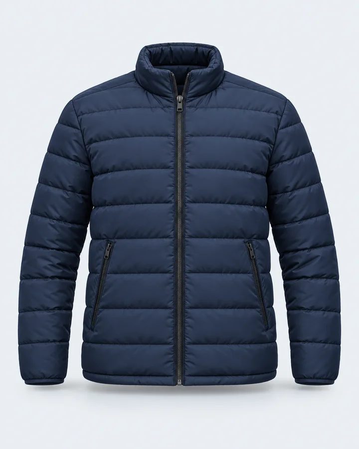Navy quilted insulated jacket with a stand collar and zip pockets