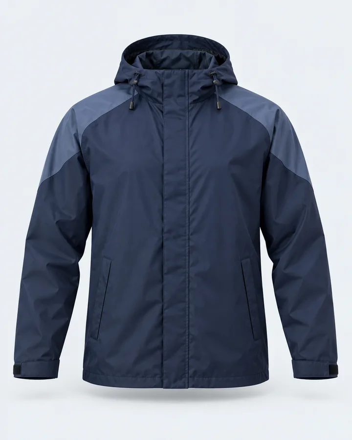 Navy hooded rain jacket with steel shoulder panels and cuff tabs