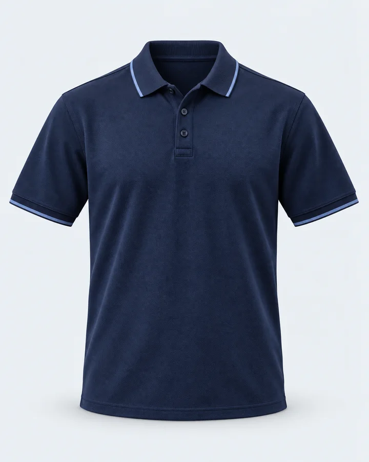 Navy knit polo shirt with tipped collar and sleeve bands
