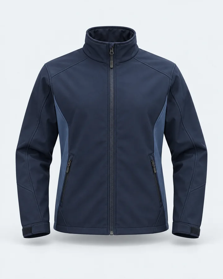 Navy softshell jacket with steel side panels and zip pockets