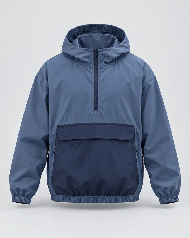 Steel-blue pullover anorak with a half zip, hood and a navy front pocket