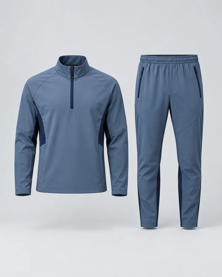Steel-blue half-zip top and matching tapered trousers