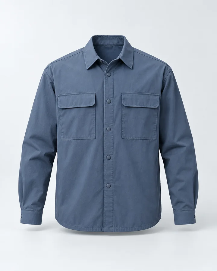 Steel-blue woven overshirt with two flap chest pockets