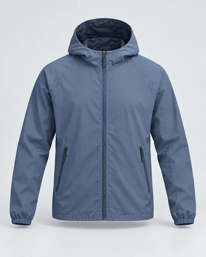 Steel-blue hooded shell jacket with zip pockets and cuffed sleeves