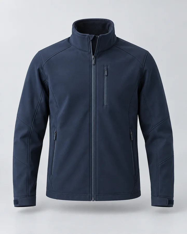 Navy softshell jacket with a stand collar and a chest zip pocket