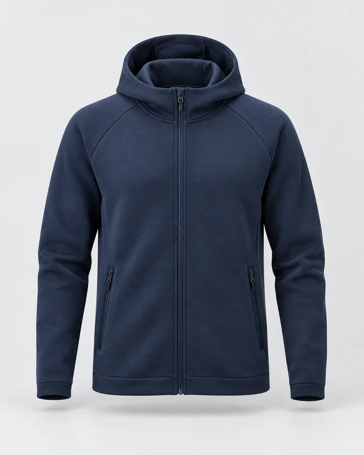Navy full-zip technical hoodie with zip hand pockets