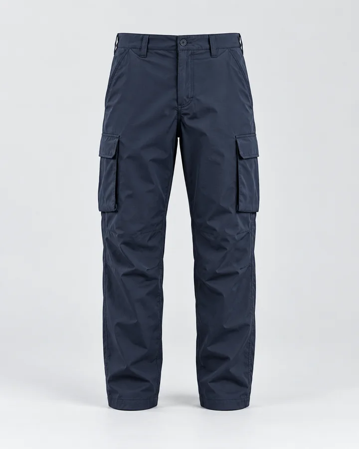Navy utility cargo pants with flap pockets on both thighs