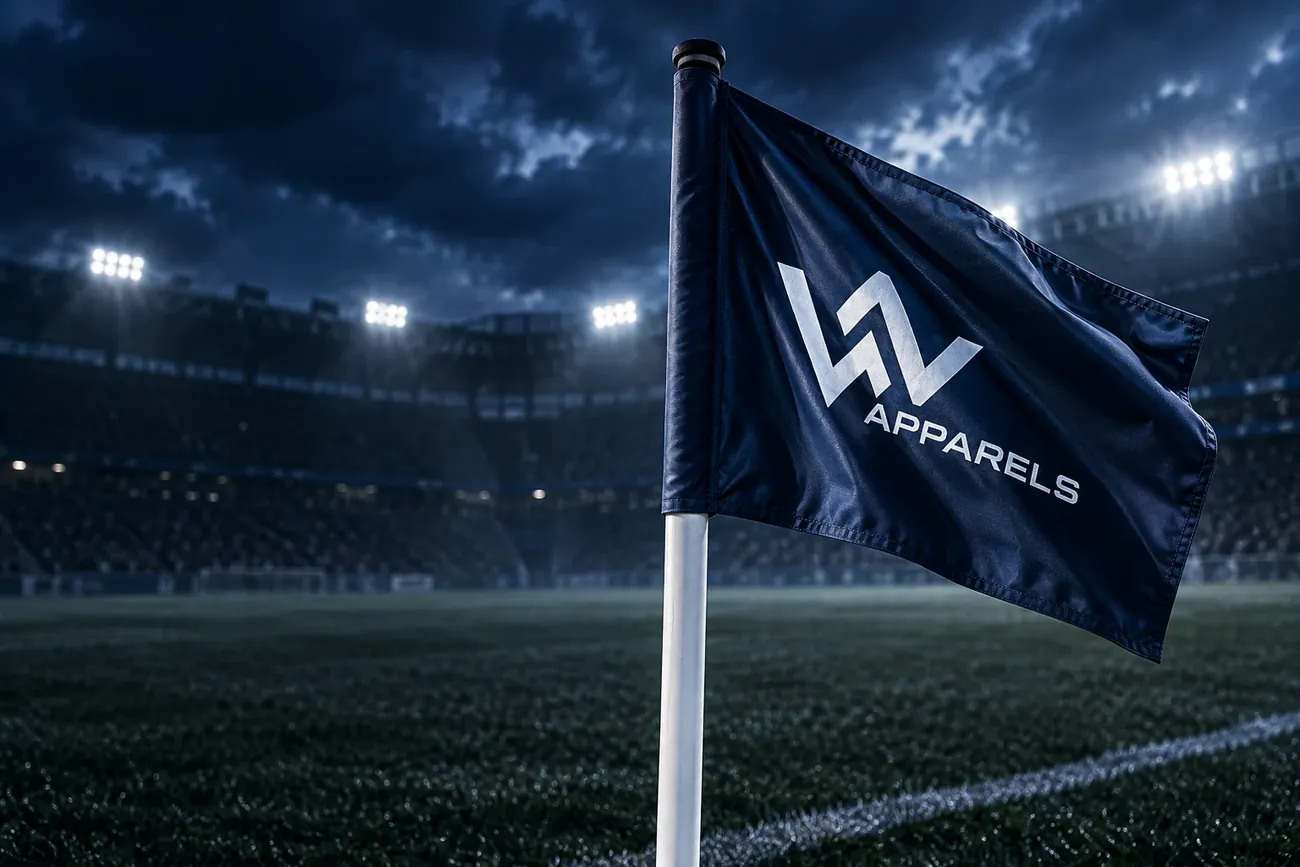 Navy corner flag with the WhatsNext logo under stadium floodlights