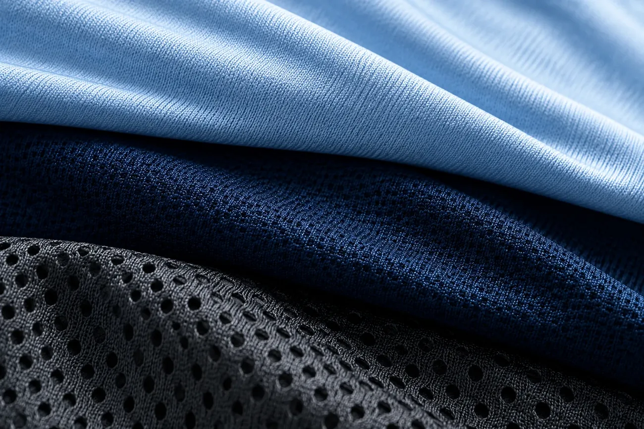 Layers of sky-blue smooth knit, navy knit and black mesh