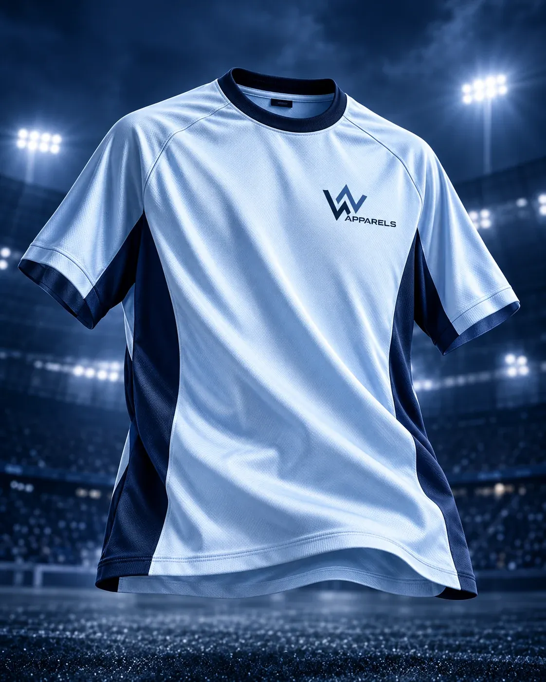 Sky-blue WhatsNext match jersey under floodlights