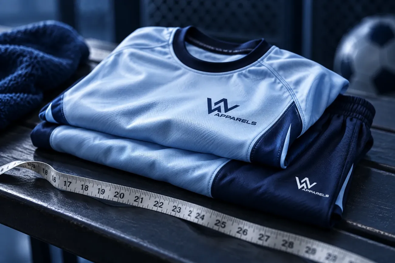 Folded jersey and shorts with a tape measure on a bench
