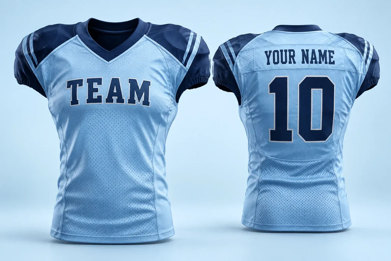 Sky-blue football jersey, front with TEAM, back with YOUR NAME and 10