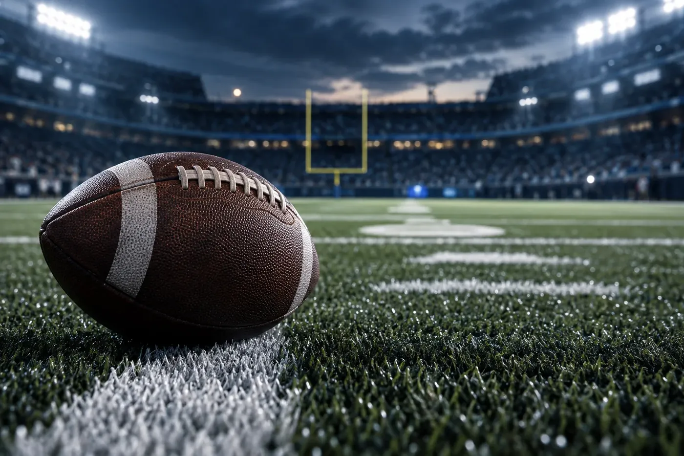 Leather American football on the turf of a floodlit stadium