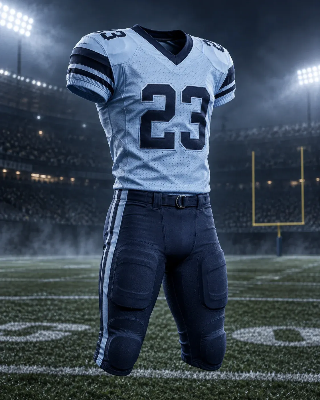 White number 23 game uniform with navy pants in a floodlit stadium