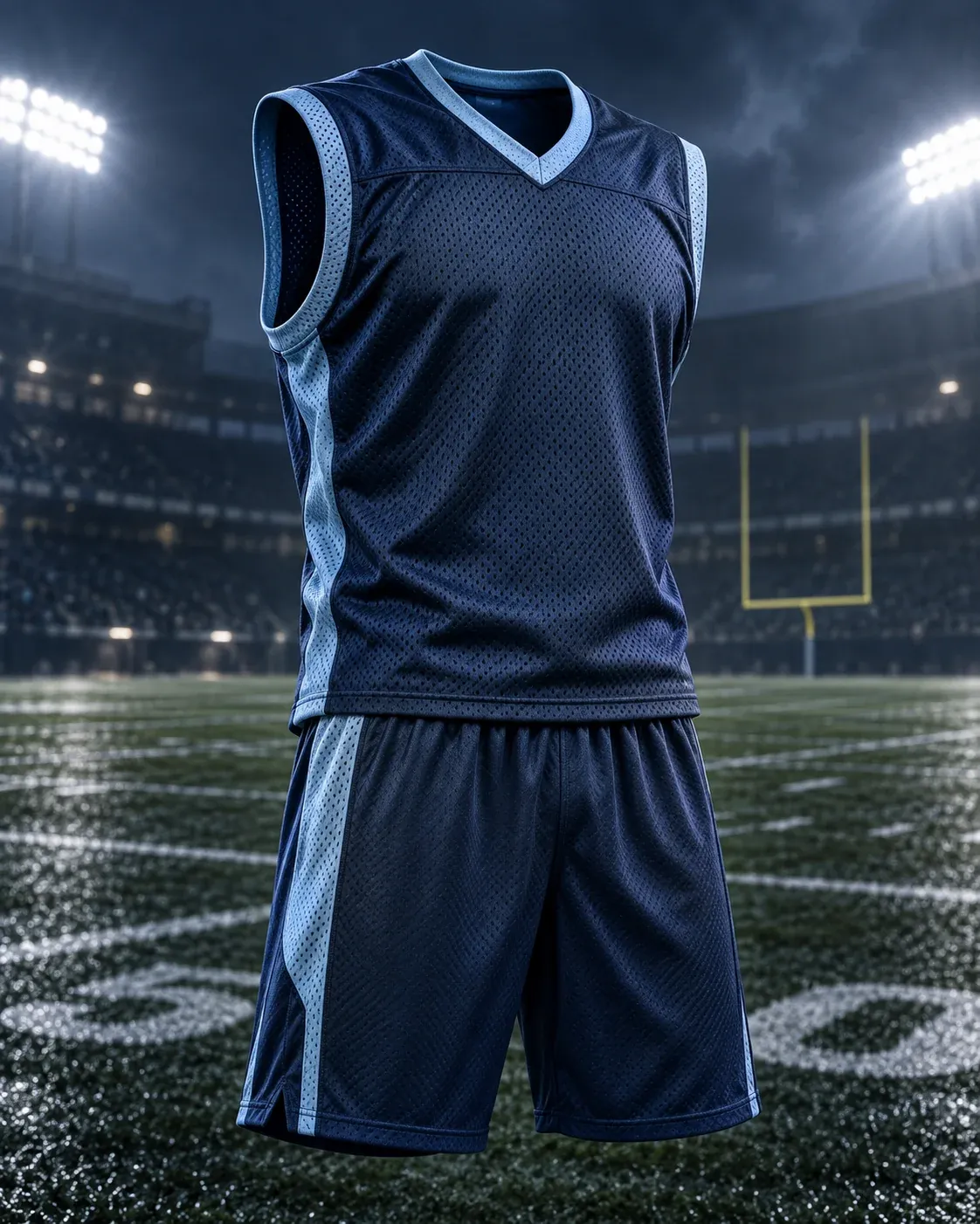 Navy sleeveless practice jersey with shorts