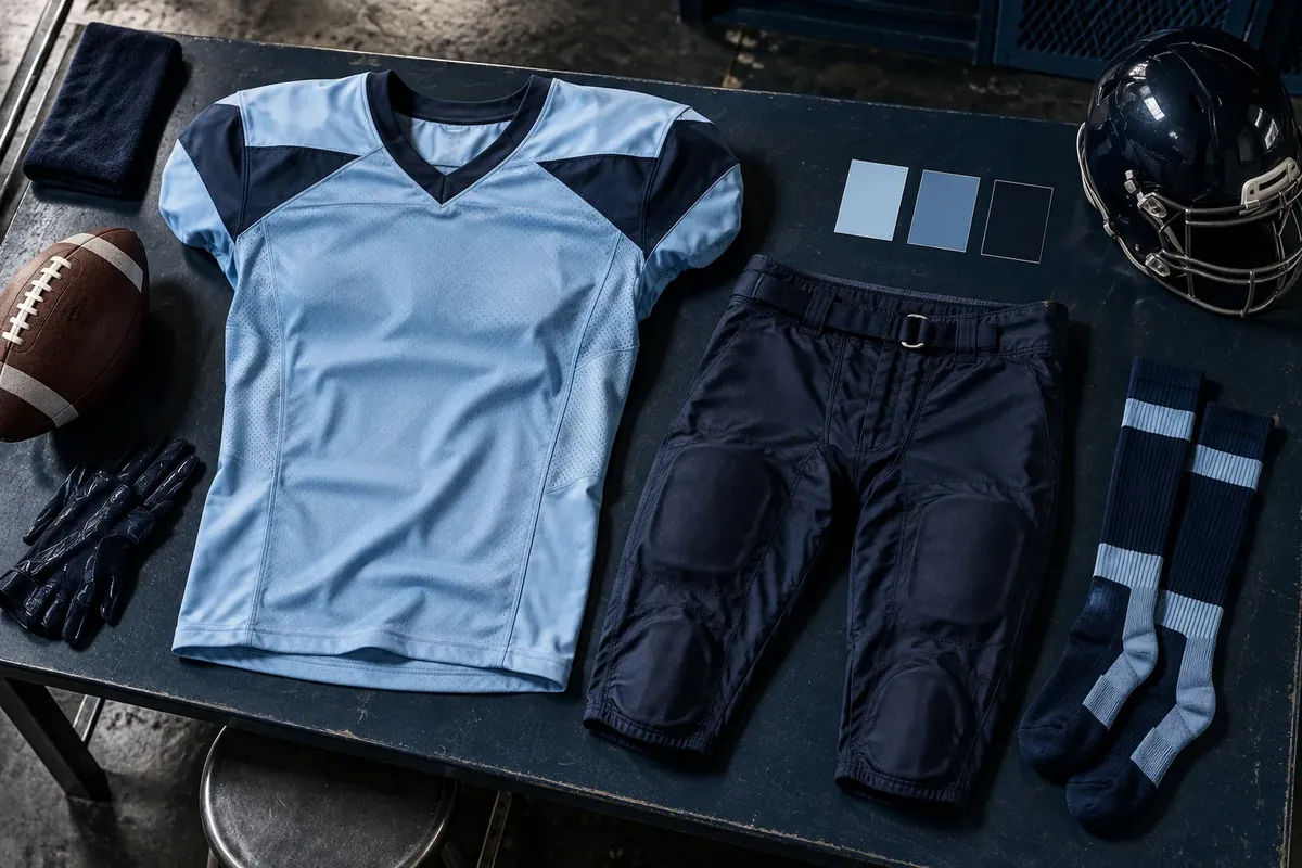 Flat lay of a football jersey, pants, socks and helmet