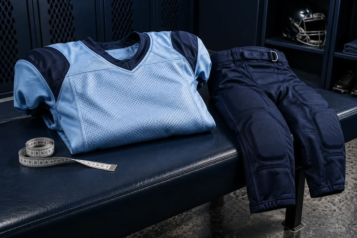 Folded football jersey and pants on a locker-room bench with a tape measure