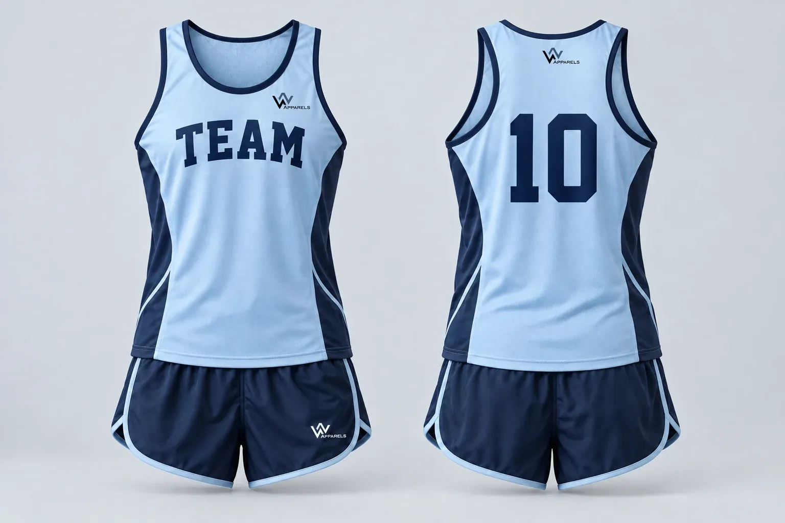 Sky-blue racing singlet and navy shorts, front with TEAM and logo, back with 10