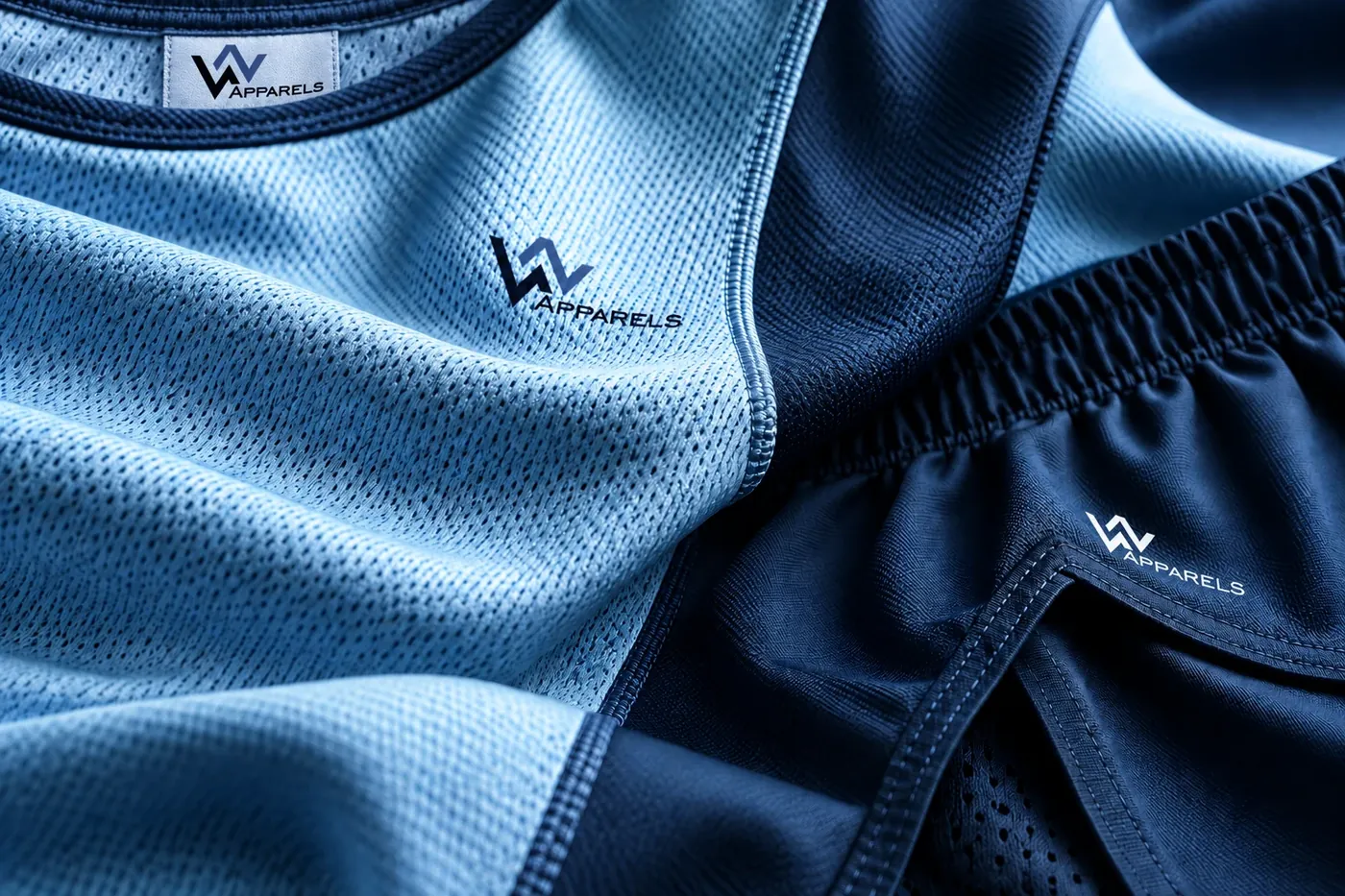 Close-up of sky-blue singlet fabric with navy shorts and logo
