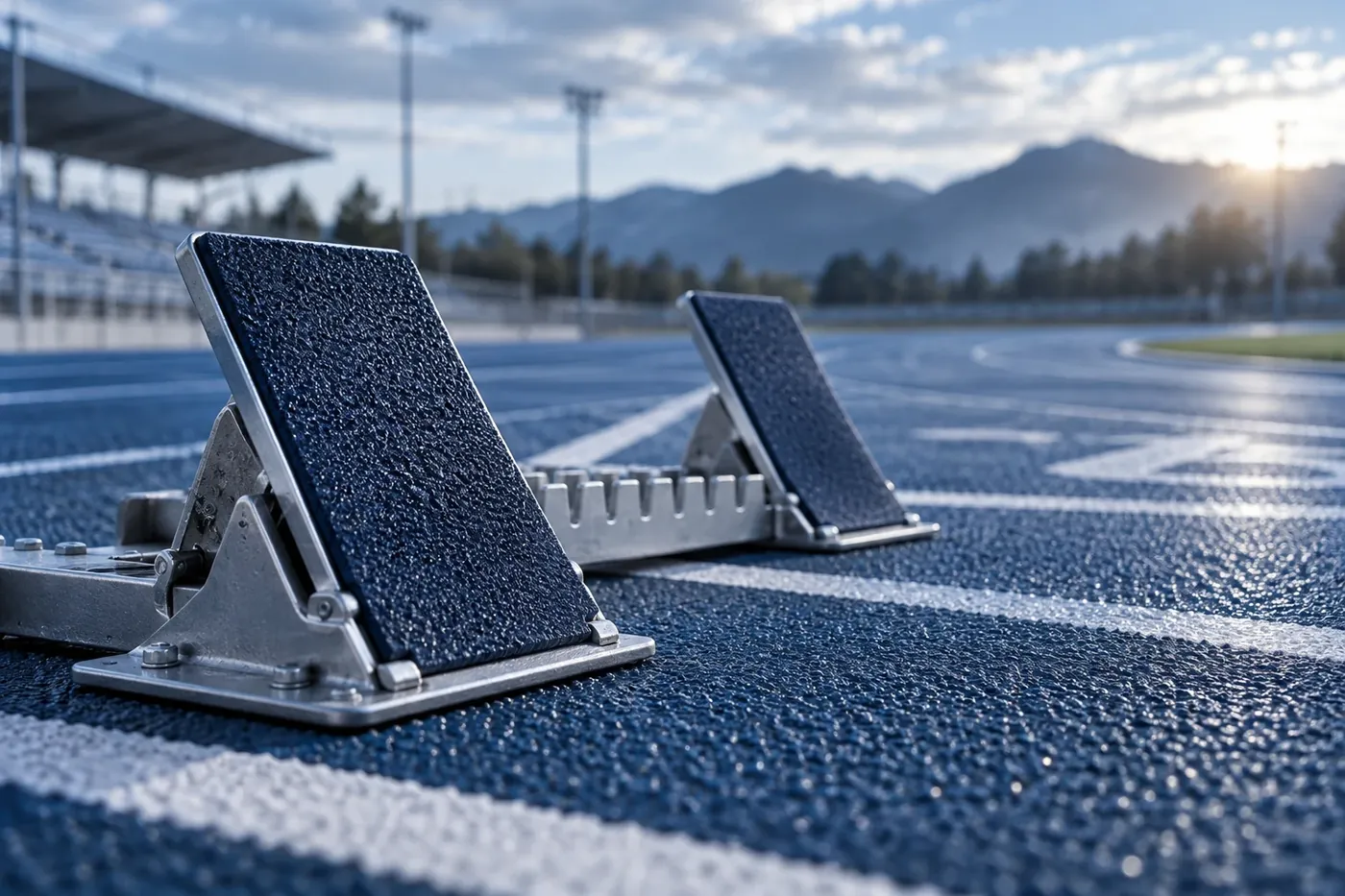 Starting blocks on a blue running track in front of the stand