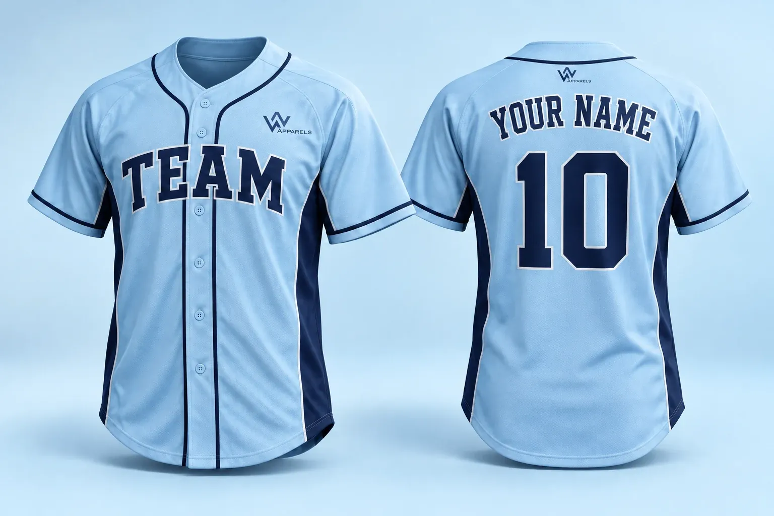 Sky-blue button-front baseball jersey, front with TEAM, back with YOUR NAME and 10
