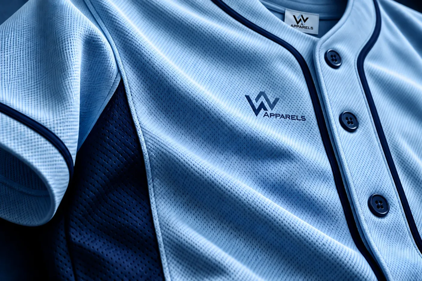 Close-up of a sky-blue button-front baseball jersey with navy piping
