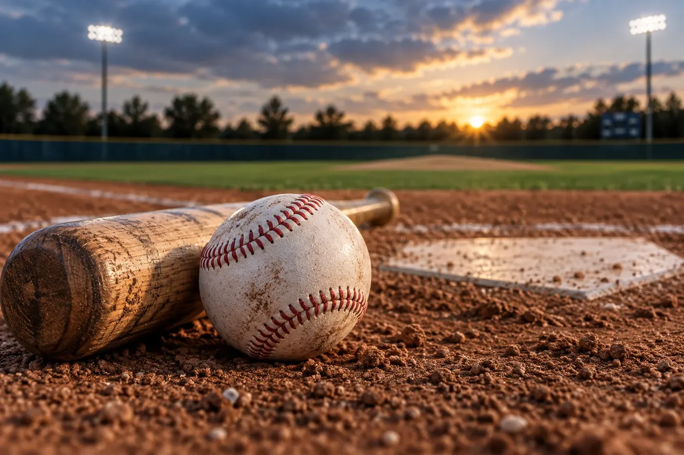 Baseball and wooden bat on the infield dirt at sunset